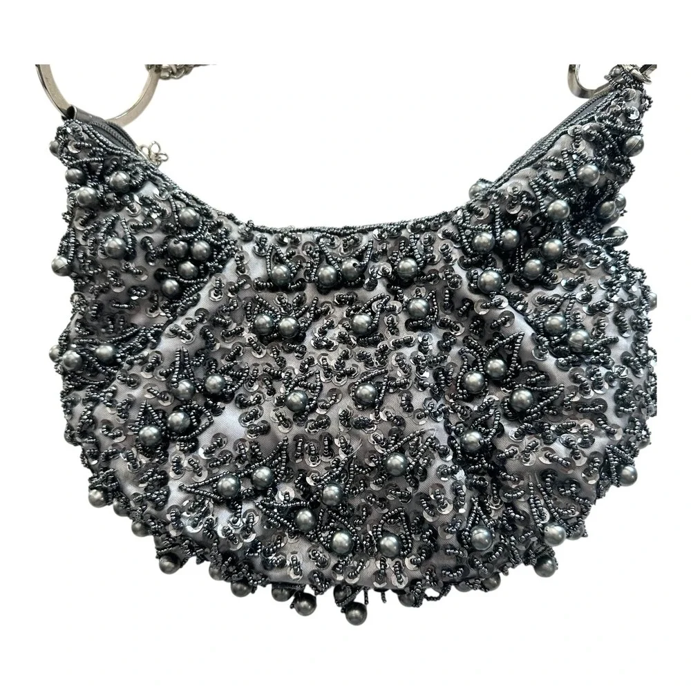 Vintage Silver Beaded Sequin Hobo Bag Chain Ring Handle Evening Purse Mini